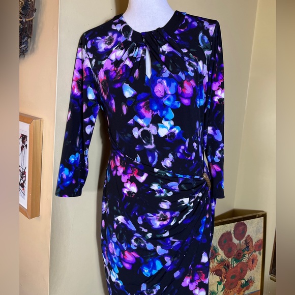 Vintage CACHE Size Large Floral Dress Keyhole Neck Gold Hardware Gathered Wrap - Picture 2 of 15